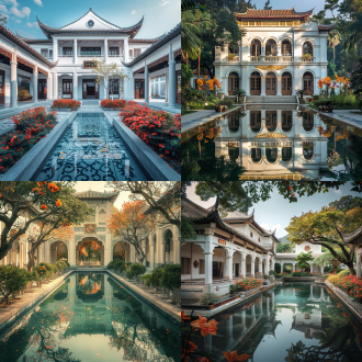 栖梧宫，神仙住所，白色宫殿正门和屋顶，金色牌匾，仙气环绕，水池，凤凰花树，艳丽花朵，对称构图，柔和光线，长焦镜头，高饱和色彩，宁静氛围。