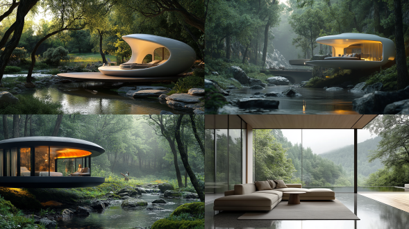 现代太空舱，室内极简家具，时尚的人，温馨灯光，山谷林地溪边，自然风光，白天自然光源，高清，长焦镜头，柔和光线，静态，和谐，宁静，极简主义，户外桌椅，生活氛围，生活物品细节，室内外对比，自然与科技融合，简洁线条，舒适氛围，自然光影，生活美学，真实照片效果。