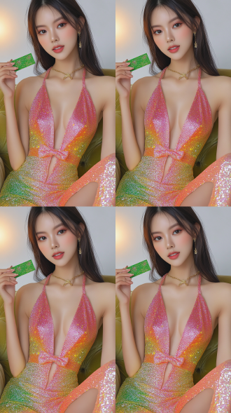 亚洲女人，长发蝴蝶结，粉色低胸连衣裙，沙发前，手持圣诞卡，柔和烛光，膝盖上，天鹅绒，放松表情，卧室，长镜头，最佳质量，dslr，美丽，柔和，温馨。