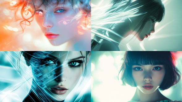 一个模糊的前卫女孩的大特写影像，潮，酷，智能可穿戴，极致精致细节，非对称，背景是多重分屏排版的朦胧光影面，氛围感，淡彩，光朦，浓厚，模糊，抽象，科幻，光显，失焦，超广角，超强透视，超距，暗朦，低光，颗粒感肌理，情绪氛围感，获奖摄影佳作，极简主义，未来感，超现实，高级感，杰作，英文信息解析界面点缀