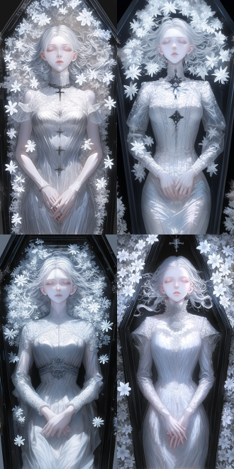 年轻女性躺在黑色华丽棺材中，雪白色长直发，发丝散乱，纤细修长身材，双目紧闭，面容安详，双手搭于胸前，白色华丽无袖长裙，身边铺满白色花朵，神圣感，安宁感，丁达尔效应光照，对称构图