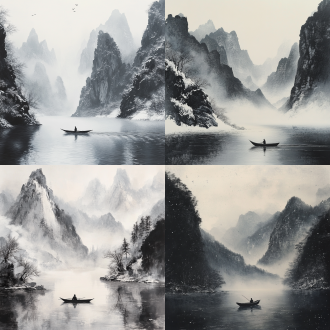 水墨画风格，山间河流，孤舟钓鱼人，雪景，留白，远景，黑白灰调，柔和光线，长焦镜头，静谧，禅意，自然，宁静。