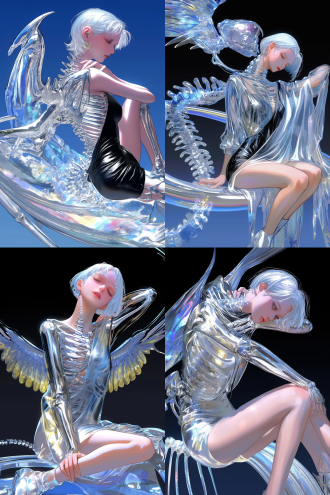 白发少女，水银，金属骨骼，流体，翅膀，优雅，魅惑，空山基风格,中心构图，自然光线和阴影，完美细节