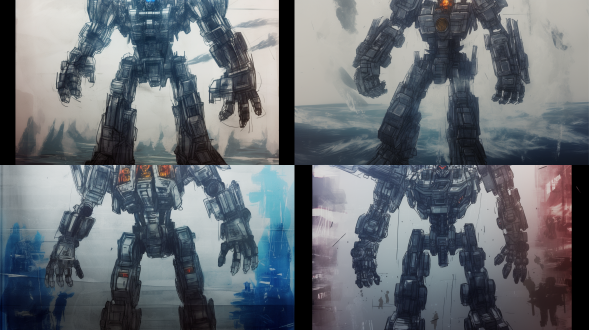 环太平洋二重型机甲，钢铁巨人，未来科技感，城市废墟，冷色调，长焦镜头，顶光，动态模糊，战斗姿态，震撼。