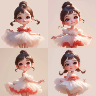 a cute girl in a red dress, with braided pigtails, big eyes, and a round face, dancing with a happy expression on her face, with a little dog watching her in the background, rich in detail, cartoon style, white background, exaggerated proportions, high-definition.,,in clothes