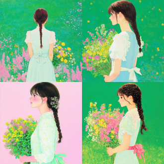 - 人物特征：年轻女性、背影、棕色头发、编发、头发松散自然 、脑后盘起的发丝 - 服饰细节：浅蓝色连衣裙、荷叶边领口、袖口宽松、背后系着带小花图案的蝴蝶结 - 动作姿态：手持花束、侧身姿态 - 花束描述：色彩明亮、包含黄色和绿色花朵、花茎绿色、 花束大小适中 - 艺术风格：水彩画风格、笔触柔和、色彩淡雅、画面清新、手绘质感