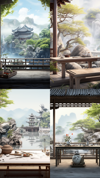 三维古风，新工笔画，远景，白色背景,关山月,画轴上，一个制作精美、空灵的3d渲染，夏达,神秘梦幻，oc渲染，8k超清画质 场景**：古风庭院，竹林小桥，石桌茶具，书籍文房四宝。 - **人物**：古风美女，沏茶、看书、写字，动作优雅。 - **构图**：前景茶具书籍，中景人物，背景竹林山峦。 - **色彩**：淡雅色调，点缀朱红、深蓝、洁白。 - **光影**：自然光，柔和光影，细腻阴影。 - **细节**：茶具、书籍、文房四宝、竹林、小桥流水。