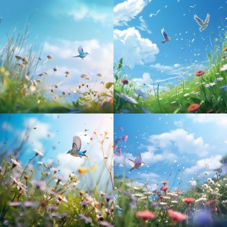 少女仰望天空，湛蓝背景，绿草原，鸟语花香，自然环境，长焦镜头，逆光，柔和光线，宁静，清新。