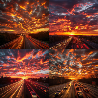 火烧云晚霞，高速路上车，天空渐变橙红，车流尾灯，长曝光，逆光，广角镜头，动态模糊，宁静与动感，温暖色调，期待与希望。