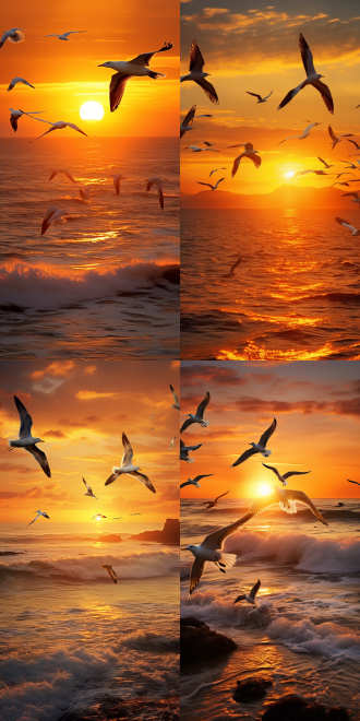 日落海鸥，海平面，金色余晖，广阔视野，长焦镜头，逆光，柔和光线，飞翔，宁静。