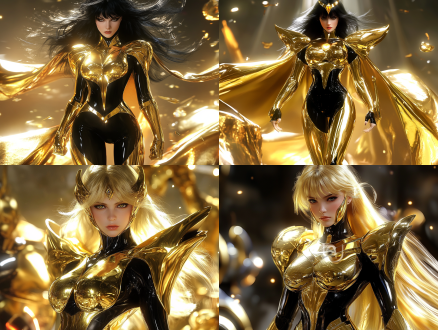 黄金圣斗士女性角色，3d渲染，细节丰富，黄金铠甲，战斗姿态，大将气质，动态捕捉，高光金属质感，冷色调，正面光，广角镜头，力量感，威严。