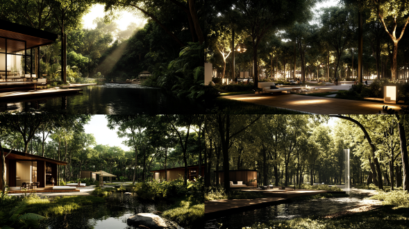 未来绿洲广场，全景俯视，虚拟现实，科技生态融合，开放互动，自然元素，城市空间，茂密森林，清澈溪流，丰富植被，ar增强现实，vr虚拟现实，智能交互，文化展示，休闲娱乐，商业服务，绿色生态，人性化设计，无障碍设计，多样活动，高品质生活，全景图，俯视图，科技与自然和谐共生，沉浸感，舒适感，远离喧嚣，亲近自然，数字化展示，创新业态，生态环境保护，可持续性，环境友好性，市民参与，便捷生活，高品质城市生活。