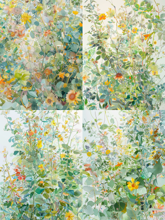 茂密绿植，彩色细节，yayoi kusama风格，玻璃糖纸，透明运动员纸，klimt影响，mary blair风格，柔和背景，奇幻多彩，细致图案，细腻线条，半透明花瓣，浅粉色色调，高分辨率，柔和光线，对称构图，广角镜头，侧光，细腻纹理，梦幻氛围，艺术感。