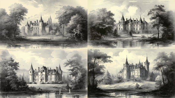 写实素描，薄雾笼罩，树木茂盛，欧式庄园虚实结合，对比强烈，高清16:9比例，广角镜头柔和光线，细腻笔触，内容丰富，超现实主义，庄园全景，清晨，灰色调，细节丰富，自然光，静谧，艺术感。