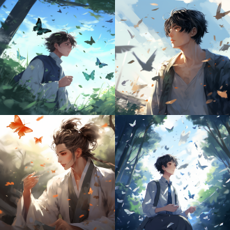 梦中蝴蝶与庄周，教室陈旧，阳光穿透树叶，程燃睁眼，额头被粉笔击中，同桌俞晓惊恐，李斩怒斥，教鞭挥舞，程燃反抗，手痛抽气，白衬衣，短飒发，梦境真实。广角镜头，高对比度，暖色调，侧光，快速快门，紧张，反抗，怀旧，青春。