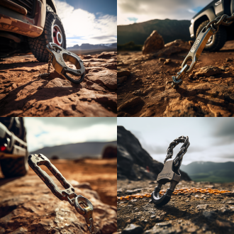 越野车拖车钩，山地泥潭背景，狂野风格，背景虚化，真实细节，产品特写，广角镜头，自然光，高对比度，金属质感，泥泞效果，粗犷感。