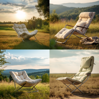 折叠躺椅户外自然光休闲清新和谐，极简主义，单色坐垫，自带靠枕，户外场景，自然光，广角镜头，柔和光线，放松姿态，和谐色彩，舒适感。