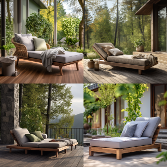 胡桃木躺椅，灰色坐垫，靠枕，户外，自然光，休闲，清新，和谐，木质纹理，舒适，放松，平静，柔和光线，宽阔视野，绿植背景，自然元素，温馨氛围。