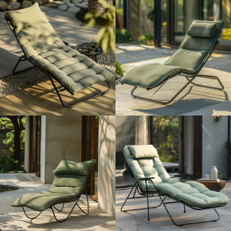 铁质折叠躺椅，薄坐垫，一体式设计，极简主义，灰绿色布艺，自然光，广角镜头，简洁线条，户外环境，柔和光线，舒适感。