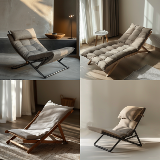 折叠躺椅坐垫，极简主义设计，包豪斯风格，灰棕色布艺，薄型一体式，自然光照射，广角镜头捕捉，简洁线条，舒适质感，宁静氛围。