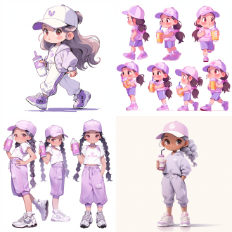 q版妈妈，白色皮肤，紫色鸭舌帽，浅紫色短袖运动装，紫色奶茶杯，大眼睛，温柔微笑，浅紫色运动鞋，黑色辫子，纯白色背景，全身展示，正面站立，高细节，8k分辨率，细腻质感，明亮光线，柔和色彩，亲切表情，动态静止，生活场景，时尚元素，温馨氛围。