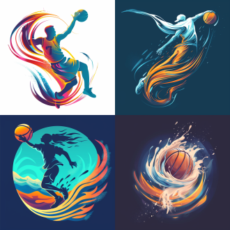 篮球运动标志，空中悬浮，尘土飞扬，masłowski风格，流畅动感，剪贴画图标，哈萨克元素，los carpinteros影响，去模糊效果，南雅加达背景，cwc银色，earthwave雕刻，锦衣卫主题，空中姿态，动态捕捉，光影交错，色彩鲜明，活力四射。