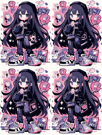 black hair,black and purple,hime cut,long straight hair,girl is wearing t-shirt,,cartoon character, pink colour background, full body, doodle in the style of keith haring, sharpie illustration, bold lines, in the style of grunge beauty, mixed patterns, text and emoji installations,,in clothes,,in clothes