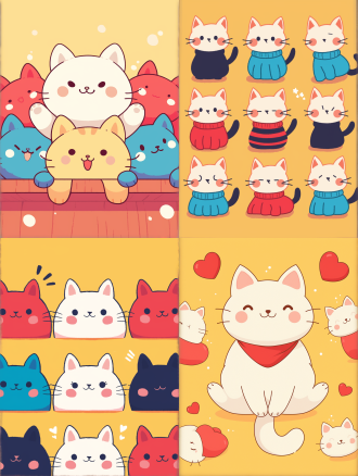 图案重复，可爱猫咪，漫画风，矢量图，平面设计，明亮色彩，几何图案，卡通风格，对称布局，柔和光线，无阴影，简洁线条，愉悦情绪。