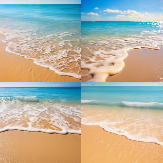 阳光照耀下的沙滩，金色沙滩与蔚蓝海水相映成趣，细腻沙粒闪耀着光芒，远处海浪轻拍岸边，悠闲氛围。宽广视野，自然光线，沙滩，海水，长焦镜头，逆光，慢快门，宁静，温暖，放松。