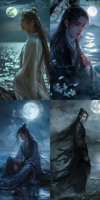 一个男孩，中国风，古风，长发，超级帅气，精致五官，白晰皮肤，黑色古装，月光下，水边，正面看我，健壮的身体