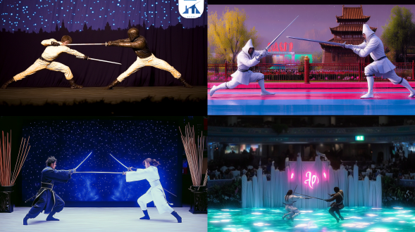 两个剑客在欧式古堡前决斗，满天星斗，对称构图，冷色调，长焦镜头，顶光，挥剑，剑影，严肃。 魔法花园