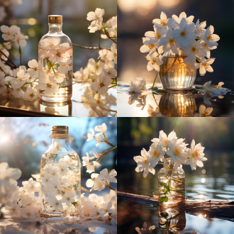 白花插在瓶中，倒影模糊，景深效果，静物风景，对称布局，暖光，长焦镜头，写实，8k，高细节，<lora:shoumotu - xl - 000010:0.8> 。