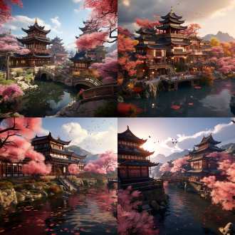 十层中式古建筑房屋，红瓦黑墙金柱，四周环河，间有粉花树木，三分构图，暖色调，超广角镜头，顶光，超高分辨率，3d，cg。