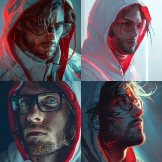 男性上半身头像，微长发戴眼镜，棱角脸大眼睛，白红卫衣，科技感，中心构图，冷色调，特写镜头，侧逆光，沉稳。