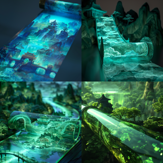 glow-in-the-dark glass landscape,unrolling a roll,can be seen at one end of the roll. at the top of the scroll page ancient buildings,bridges,rivers,3d art,c4d,jade materials,light backgrounds,excellent image quality,fine details,3d rendering,super wide angle lens,