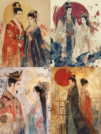敦煌风格插画皇帝与宫女，中景，华丽汉服中年皇帝威严宫女温婉，金箔中国红藏青背景，细腻笔触，柔和光线，平静。