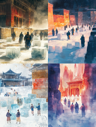 敦煌艺术风格插画地窖堆满冰块，汉朝工人，搬运冰块，宫廷场景，细腻笔触柔和线条，中国红藏青色金箔背景，长焦镜头，冷光，静谧
