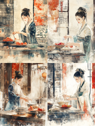 敦煌艺术风格插画宫廷厨房，穿着汉服的厨师，在厨房忙碌，将将冰块与水果混合，宫廷场景，细腻笔触柔和线条，中国红藏青色金箔背景，长焦镜头，冷光，静谧