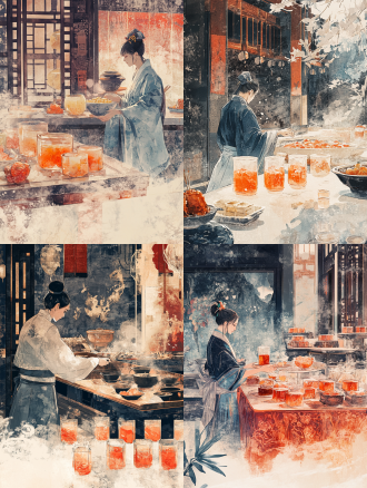 敦煌艺术风格插画宫廷厨房，穿着汉服的厨师，在厨房忙碌，聪明的古人就把冰块和水果、蜂蜜放一起，冰块、水果、蜂蜜特显，细腻笔触柔和线条，中国红藏青色金箔背景，长焦镜头，冷光，静谧