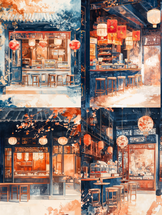 唐朝雪糕铺子插画，敦煌艺术风，中国红藏青金箔背景，长焦镜头，冷光，细腻笔触，静谧氛围。