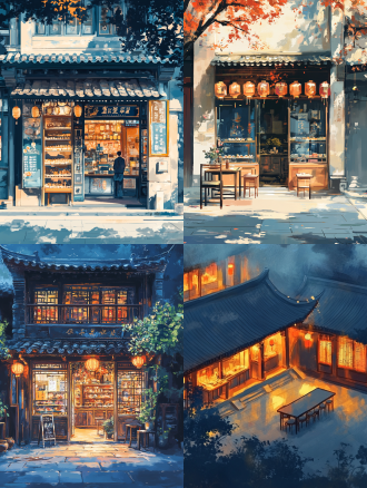 唐朝商铺建筑，敦煌艺术风格插画，中国红藏青金箔背景，俯视，冷光，细腻笔触，静谧氛围，长焦镜头，平面构图。