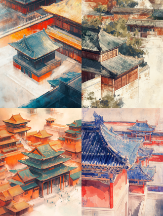 唐朝宫廷建筑，空中俯视，敦煌艺术风格插画，中国红藏青金箔背景，俯视，冷光，细腻笔触，静谧氛围，长焦镜头，远景构图。
