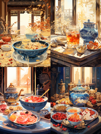 敦煌艺术风格插画宫廷厨房，一碗冰食碗中有冰块蜂蜜水果，宫廷场景，细腻笔触柔和线条，中国红藏青金箔背景，长焦镜头，冷光，静谧。