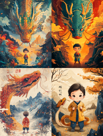 蛇年海报，中式海报，可爱的卡通风格，分辨率高，色彩丰富，一个小男孩在蛇的面前，背后有提条中国蛇，背后有山，矢量插图，8k，极致细节 旷野之息