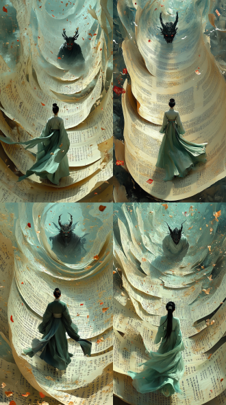 年轻古代道士着汉服走向书法卷轴，前方恶魔戴面具，3d水墨淡金红场景，顶视图无人机视角，高分辨率，汉服随风动，平静。道士汉服，恶魔面具，顶视图，水墨风，高分辨率，平静。