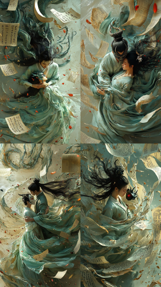 年轻古代道士着汉服戴恶魔面具与女子相拥书卷飞起，3d水墨淡金红场景，顶视图无人机视角，汉服随风动，高分辨率，平静。
