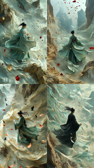 年轻古代道士着汉服卷飞起喝酒山间，3d水墨淡金红场景，顶视图无人机视角，汉服随风动，高分辨率，平静，侧光，长焦镜头。