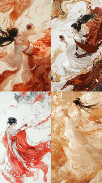 年轻古代道士着汉服，酒杯倒酒化山河书卷飞起，3d水墨淡金红场景顶视图，汉服随风，高分辨率，平静，侧光，长焦镜头。