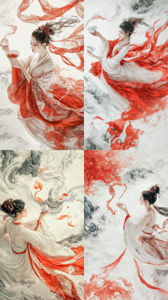 年轻古代道士着汉服，酒杯倒酒化山河书卷飞起，3d水墨淡金红场景顶视图，汉服随风，高分辨率，平静，侧光，长焦镜头。