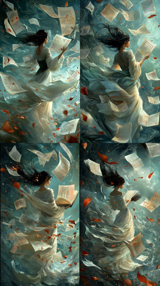 年轻古代道士着汉服，酒杯倒酒化山河书卷飞起，3d水墨淡金红场景顶视图，汉服随风，高分辨率，平静，侧光，长焦镜头。